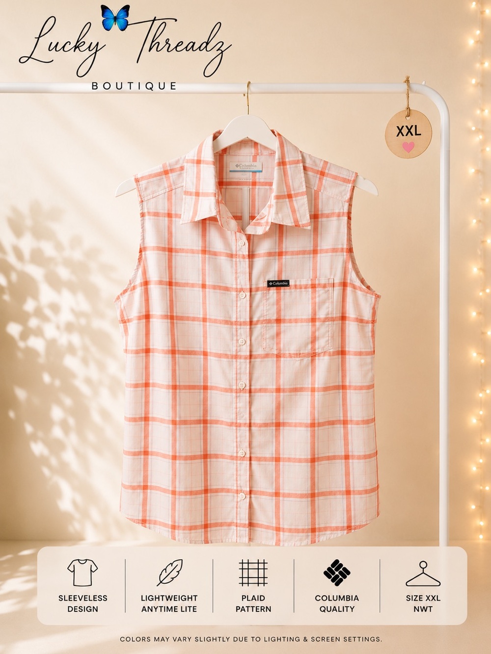 NWT Columbia Anytime Lite Sleeveless Plaid Shirt Coral Orange White XXL⁠